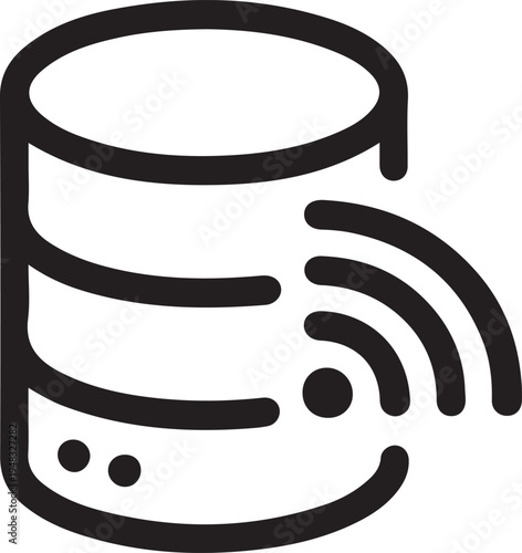 Black and white line art illustration of a cylindrical database with radiating signal waves high quality