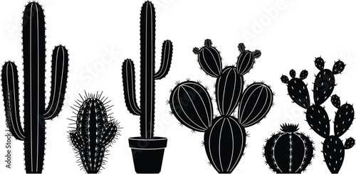 Cactus silhouette collection, desert succulent plants vector set, prickly pear and saguaro cactus illustration, botanical desert plants icons, black cactus clipart