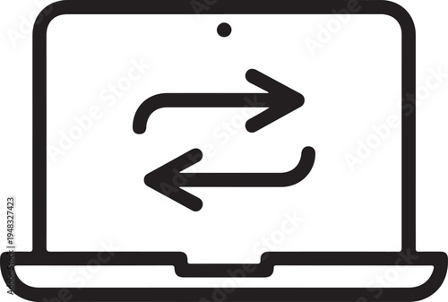 A minimalist line drawing depicts a laptop screen displaying two curved arrows pointing in opposite directions