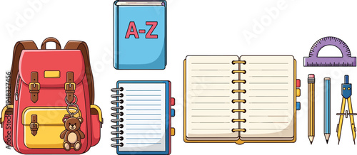 Colorful school backpack and stationery set illustration, notebooks dictionary ruler pencils compass supplies collection, education learning concept, back to school vector