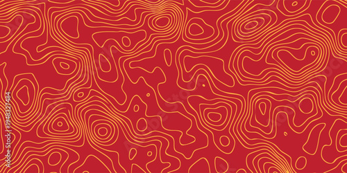 Abstract landscape contour texture, warm orange background with irregular red altitude lines forming layered shapes.