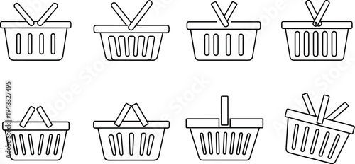 Minimalist Shopping Basket Icon Set with Handle and Grid Design for Retail and E-Commerce Concepts