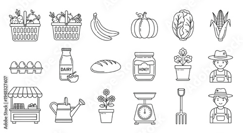 Farmers Market Line Icons Set Fresh Produce Vegetables Fruits Farm Tools Outline Vector Collection