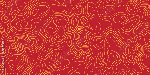 Cartographic isoline pattern background, thin red topography curves across vibrant orange field, modern map vector style.