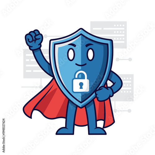 Superhero Shield Mascot with Padlock Symbol.