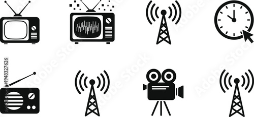 Retro media communication icon set with vintage television radio antenna tower movie camera and clock black vector silhouette on white