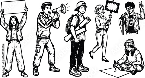 Line art close up of young protesters holding signs megaphone banner sitting artist drawing and vocal leader in action street