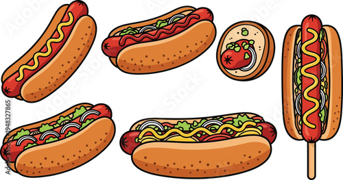 Hot Dog Fast Food Collection with Sausage Bun Mustard Ketchup and Street Food Corn Dog Snack Vector Illustration Set