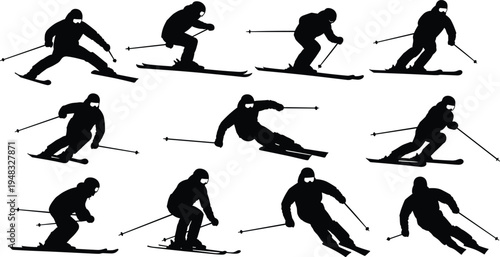 Winter mountain skiing silhouette set featuring downhill skiers, professional athletes, slalom racing, extreme winter sports action, and mountain resort leisure activities.