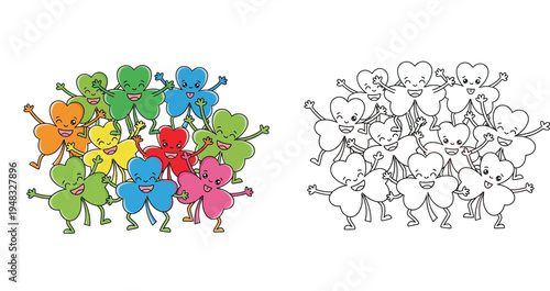 Cute kawaii colorful shamrock characters and black and white outline for kids coloring book page, happy dancing clovers for St. Patrick's Day