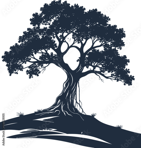 A detailed silhouette illustration of a large, old tree with a sprawling canopy and prominent roots on a gentle hill, rendered in a dark, solid color against a white background.