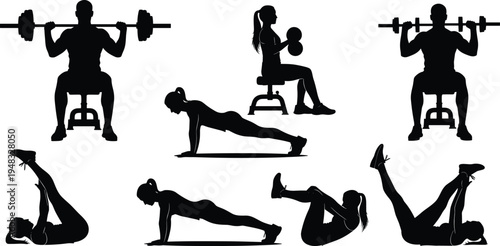 Fitness workout silhouettes collection, gym training exercises with barbell dumbbell push up and abs workout, athletic people strength training vector illustration set