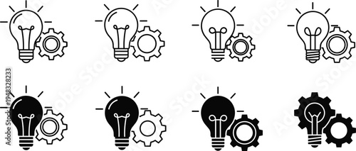 Vector collection of black minimalist idea icons featuring light bulb and gear symbols for creative thinking innovation and industrial brain development isolated on white background