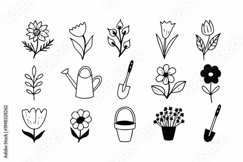 A charming collection of hand-drawn vector gardening elements and spring floral designs, perfect for a whimsical illustration or graphic project.