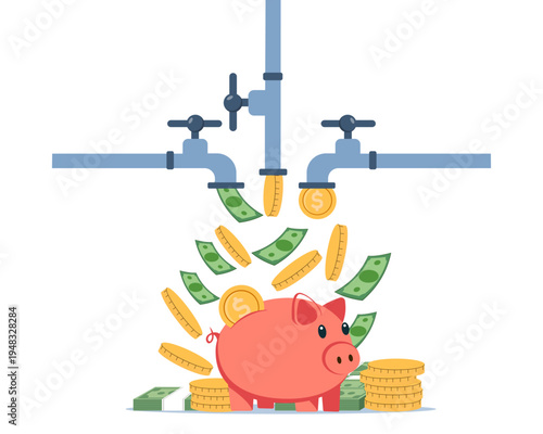 passive income through multiple streams from pipe with many cash flows to piggy bank vector illustration
