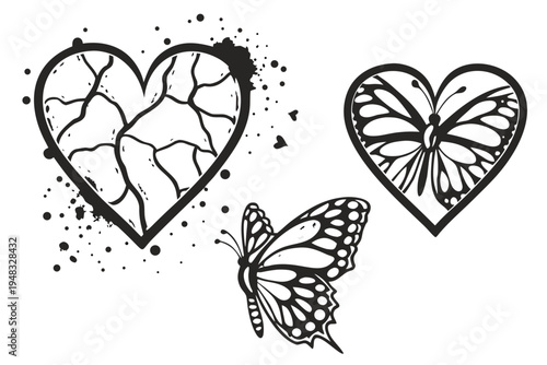 Vector illustration featuring a cracked heart design, a heart embracing a butterfly, and a separate elegant flying butterfly graphic element.