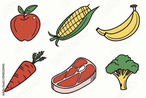 A colorful vector illustration featuring an assortment of common fresh and staple food items for healthy eating and grocery designs.