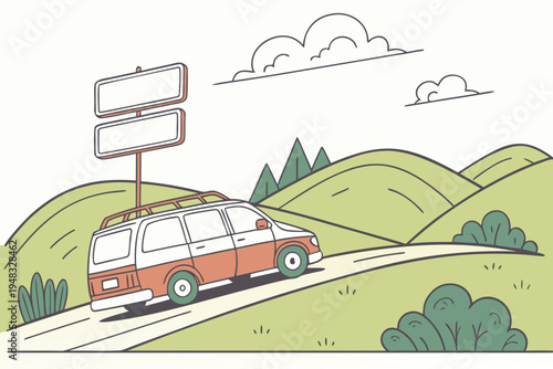 Vintage van travels uphill on a winding road with blank signs, offering a customizable vector illustration for journey, adventure, or travel design.