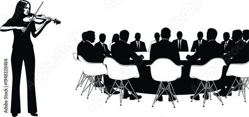 Business meeting silhouettes with violin musician performance, corporate boardroom discussion and 