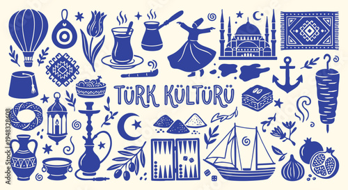 Istanbul tourism landmark silhouettes. Flat blue Turkish culture elements. Whirling dervish and tea doodle poster. Traditional Middle Eastern travel icons. EPS vector layout.
