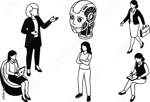 Line art vector isometric business women presenting with robot head ai office meeting sitting with tablet standing speaker taking notes