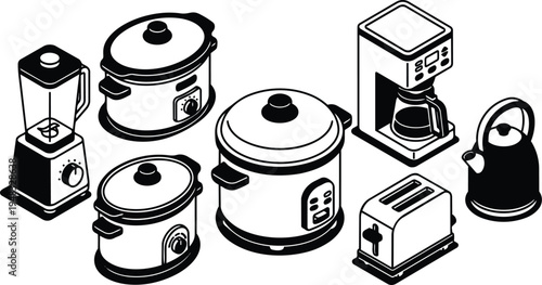 Isometric vector kitchen appliance set showing slow cooker rice cooker blender coffee maker toaster kettle in black white flat line