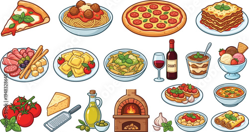 Italian food vector illustration set with pizza pasta lasagna wine cheese olive oil and traditional Mediterranean cuisine dishes collection