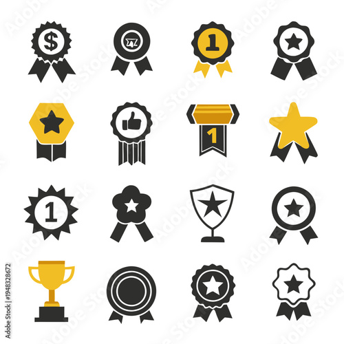 Collection of achievement badges and awards in monochrome design