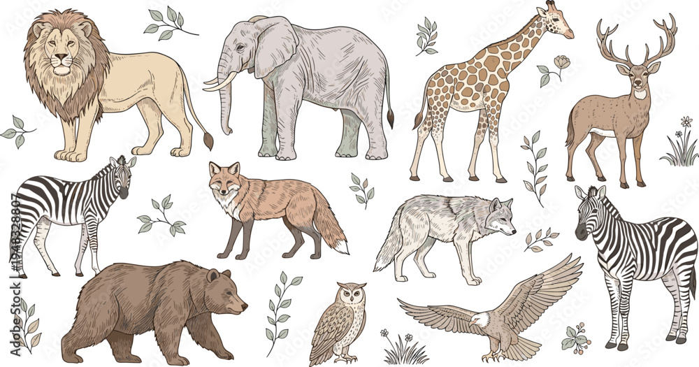 Obraz premium Wild Animals Vintage Vector Illustration Set Featuring Lion, Elephant, Giraffe, Zebra, Deer, Wolf, Fox, Bear, Owl, and Eagle in Hand Drawn Style.