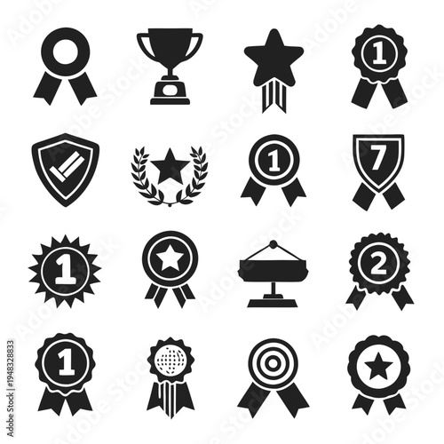 Set of achievement and award icons on white background