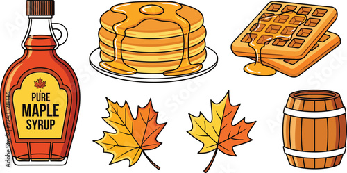 Maple Syrup Breakfast Collection with Pancakes Waffles Syrup Bottle Autumn Leaves and Wooden Barrel Sweet Food Vector Illustration Set