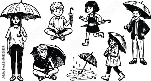 Line art vector set of people with umbrellas children and adults walking sitting and standing around puddle in rainy mood