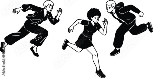 Flat vector running trio mid action three athletes sprinting in dynamic side view black and white line art silhouettes motion
