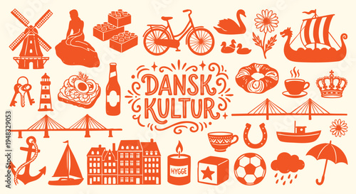 Orange Danish culture doodle bundle. Copenhagen tourism landmark silhouettes. Hygge lifestyle concept web banner. Flat vector Scandinavian travel EPS print template.