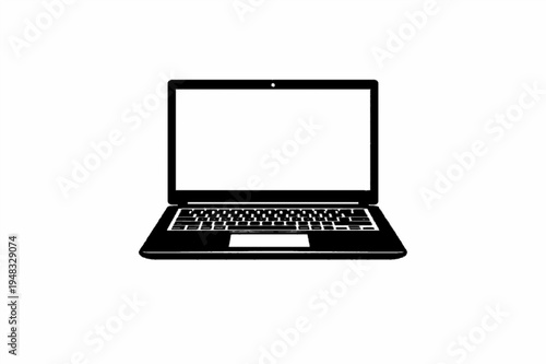 Minimalist Black Laptop Silhouette with Blank White Screen on White Background