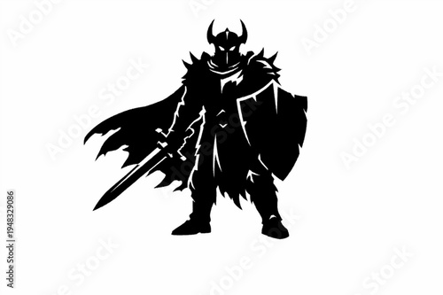 Powerful Dark Knight Silhouette with Sword and Shield Graphic Illustration
