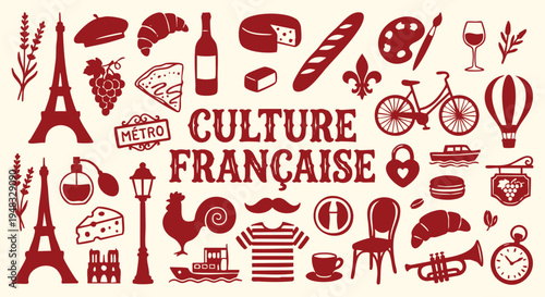 French culture typography poster. Traditional Paris travel icons set. Red flat silhouette food and landmark elements. Vintage European tourism EPS vector illustration.