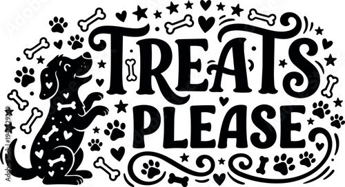 Black and white vector art of happy dog sitting with bones and paws surrounding treats please typography design whimsical playful style