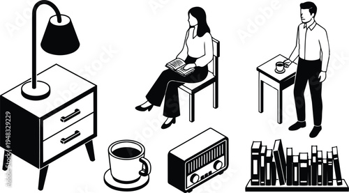 Isometric flat design close up reading woman and standing man with coffee lamp nightstand radio bookshelf scene minimalist black white