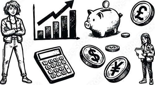 Line art confident woman standing arms crossed with calculator piggy bank coins rising bar chart and woman reading papers sketch