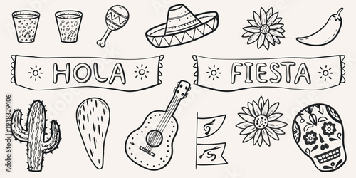 A collection of hand drawn mexican themed illustrations and festive decorations