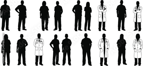 Doctors and nurses silhouettes collection, medical staff with stethoscope standing poses, healthcare professionals team, hospital workers uniform illustration isolated on white background