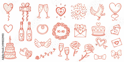 Hand drawn romantic doodles hearts gifts champagne and love symbols