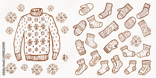 Hand drawn winter clothing and snowflake illustrations in warm brown tones