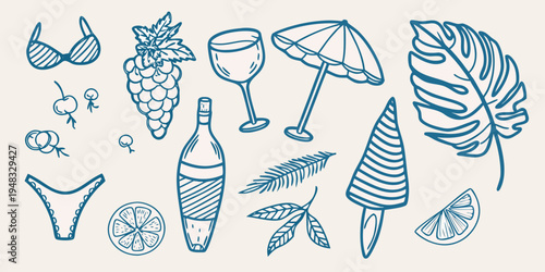 Summer themed doodles including swimwear fruit drinks and tropical leaves
