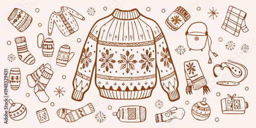 Hand drawn illustration of cozy winter clothing and accessories in brown tones