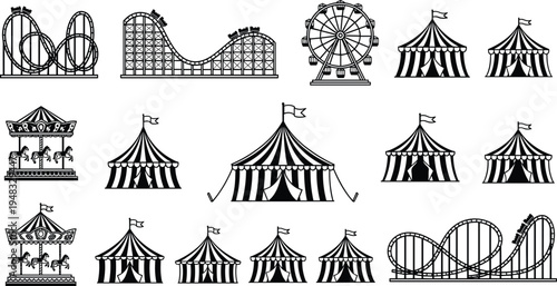 Amusement park icons set with roller coaster ferris wheel circus tent and carousel horse silhouettes isolated on white for carnival design.