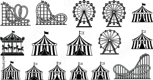 Amusement park icons set with roller coaster ferris wheel circus tent and carousel silhouettes isolated on white for carnival design.