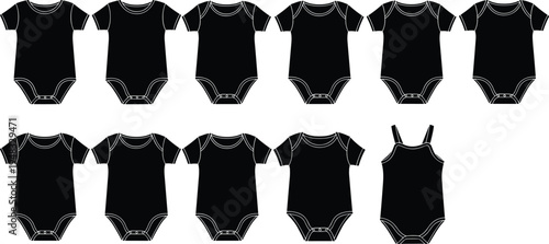 Baby bodysuit icons set, infant onesie silhouettes, newborn clothing collection, baby apparel vector, toddler outfit icons, kids fashion template illustration