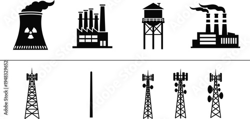 Industrial factories, nuclear power plant, water tower, manufacturing plants, telecom towers, communication antennas, infrastructure icons, energy industry, technology network, silhouette set